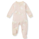 Burts Bees Baby Good Night Sky Sleep & Play in soft pink, featuring cloud patterns, a front zipper, and a bee design on the foot.