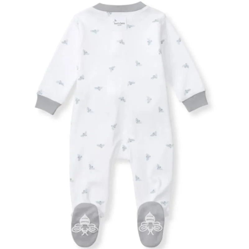 Baby sleep and play outfit in Quarry color featuring a white base with small bee patterns, gray cuffs, and embroidered bee feet.