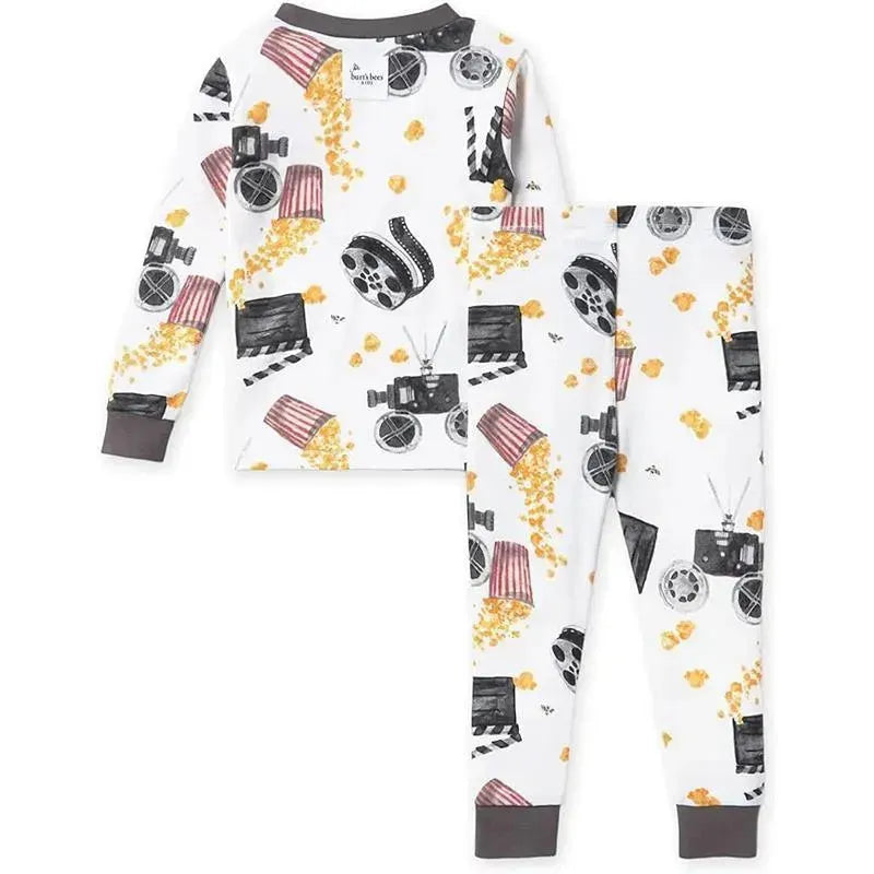 Burts Bees Baby Movie Night Tee and Pant PJ set featuring film-related patterns, including popcorn buckets and vintage cameras.