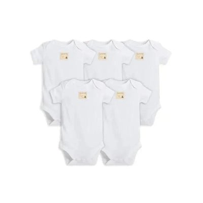 Five white short-sleeve bodysuits stacked together, each featuring a small brand label at the neckline.