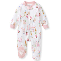 Organic cotton sleep and play suit featuring a fairytale castle design, pink accents, and a bee logo on the foot.