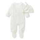 Burts Bees Frog Baby Jumpsuit & Hat Set featuring a white jumpsuit with faint frog prints and a matching knotted hat.