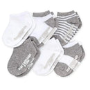 Organic cotton baby socks in a 6-pack featuring multi heather grey and white designs, including stripes and solid colors.
