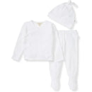 White three-piece baby outfit set including a long-sleeve wrap shirt, footed pants, and a knotted cap.