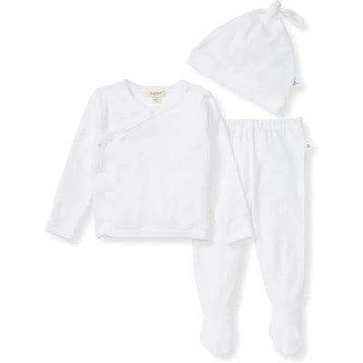 White three-piece baby outfit set including a long-sleeve wrap shirt, footed pants, and a knotted cap.