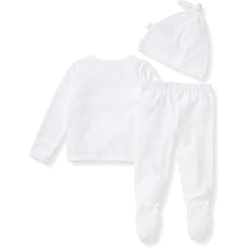 Raised terry baby outfit set in cloud color, including a long-sleeve shirt, pants, and a knotted hat.
