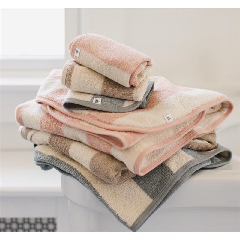 Burts Bees Rugby Stripe Woven Terry Towel & Washcloth Set in pink sand, featuring stacked towels in soft pastel colors.