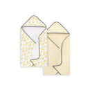 Set of two hooded towels featuring a white towel with yellow ducks and a soft striped design in yellow and white.