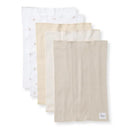 Set of 5 Burts Bees burp cloths in shades of white and oat, featuring a bee pattern on one cloth and soft, absorbent fabric.