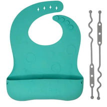 Spearmint silicone bib from Busy Baby featuring a pocket for food catchment and adjustable straps, with two bungee tether attachments.