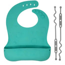Spearmint silicone bib from Busy Baby featuring a pocket for food catchment and adjustable straps, with two bungee tether attachments.