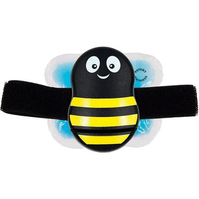Striped Buzzy, a drug-free pain relief product, features a bee-shaped design with a smiling face and yellow stripes, attached to a cooling gel pad.
