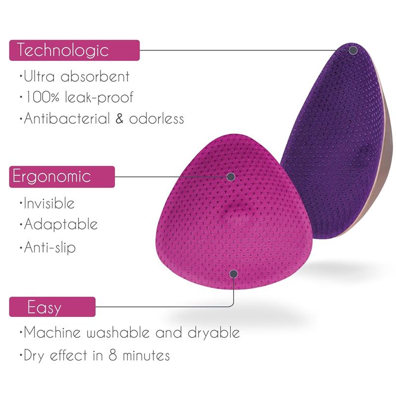 Nursing pads in pink and purple with features: ultra absorbent, leak-proof, invisible, adaptable, machine washable, dry in 8 minutes.