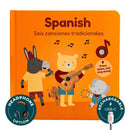 Spanish nursery rhymes book featuring colorful animal characters with musical instruments, headphone option, and USB-C rechargeability.