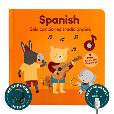 Spanish nursery rhymes book featuring colorful animal characters with musical instruments, headphone option, and USB-C rechargeability.