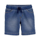 Baby boy chambray French terry shorts in denim blue, featuring an elastic waistband and two front pockets.