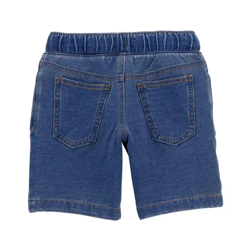 Baby boy chambray French terry shorts in denim, featuring a stretchy waistband and two back pockets.