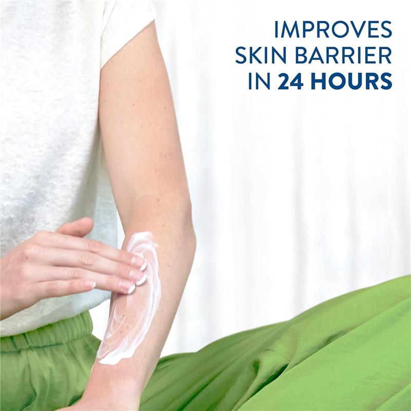 Cetaphil Moisturizing Lotion being applied to the forearm, highlighting its purpose to improve skin barrier in 24 hours.