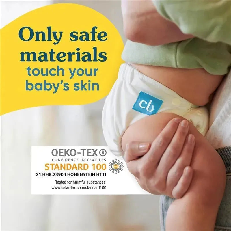 Charlie Banana Gelato reusable cloth diaper being worn by a baby, highlighting safety materials and certification details.