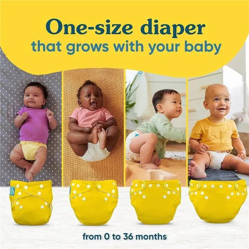 One-size Charlie Banana Gelato reusable cloth diaper, shown on babies aged 0 to 36 months, features bright yellow design.