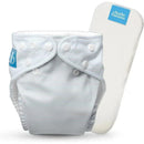 Reusable cloth diaper by Charlie Banana in pencil stripe blue, featuring snaps and a removable insert.