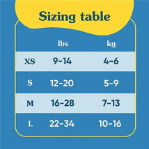 Sizing table for Charlie Banana reusable swim diaper, showing weight ranges in lbs and kg for XS, S, M, and L sizes.