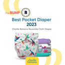 Charlie Banana reusable cloth diaper with colorful hummingbird design, recognized as Best Pocket Diaper 2023 by The Bump.