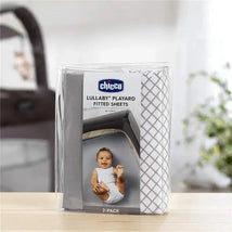 Chicco 2 Pack Lullaby Playard Sheets in grey diamond design, featuring packaging with a baby illustration and dimensions stated.
