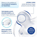 Chicco 2Pk Feeding Physioforma orthodontic silicone pacifiers in blue and green for ages 16-24 months, with key features highlighted.