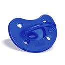 Orthodontic silicone pacifier by Chicco in blue, featuring heart-shaped ventilation holes and a soft handle. Suitable for ages 16-24 months.