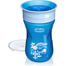 Chicco 360° Spoutless Rim Trainer Sippy Cup in blue, featuring designs of birds, rainbows, and clouds, suitable for 9 months and older.