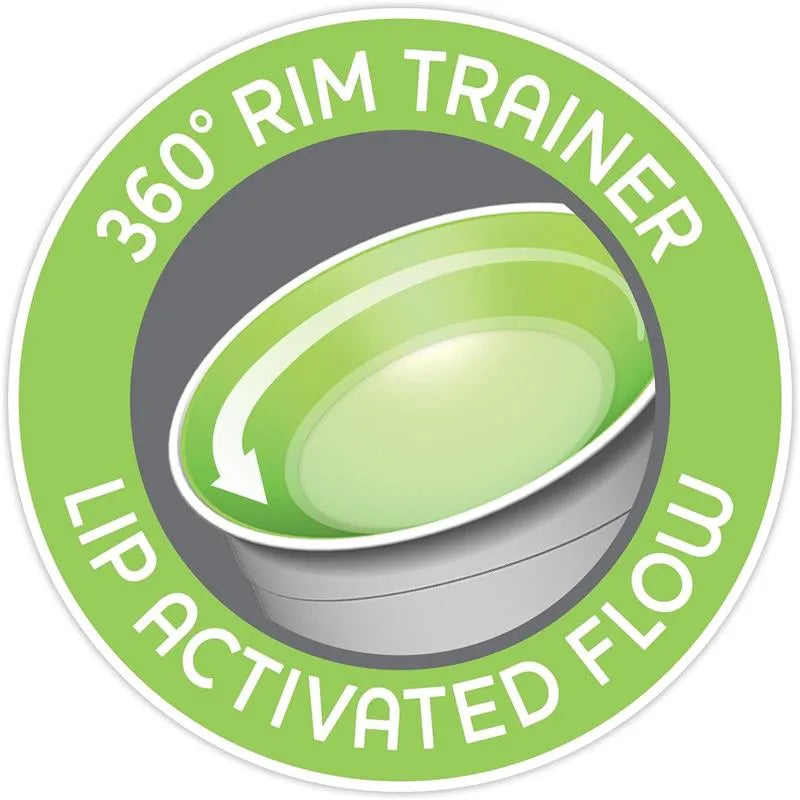 360° rim trainer graphic highlighting lip-activated flow feature for Chicco sippy cup, designed for children 9 months and older.