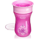 Chicco 360° Spoutless Rim Trainer Sippy Cup in pink, designed for children 9 months and older, features a decorative cup design.