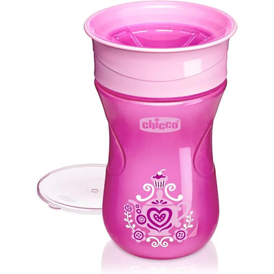 Chicco 360° Spoutless Rim Trainer Sippy Cup in pink, designed for children 9 months and older, features a decorative cup design.