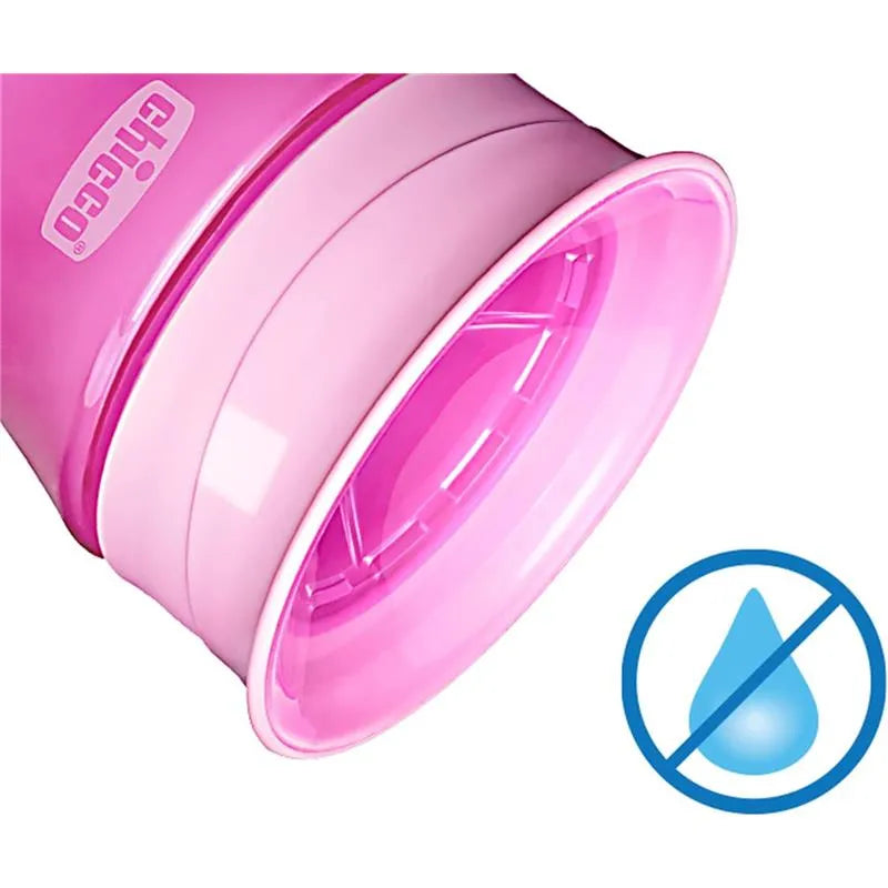 Chicco 360° Spoutless Rim Trainer Sippy Cup in pink, featuring a spill-proof design and a no-spill logo.