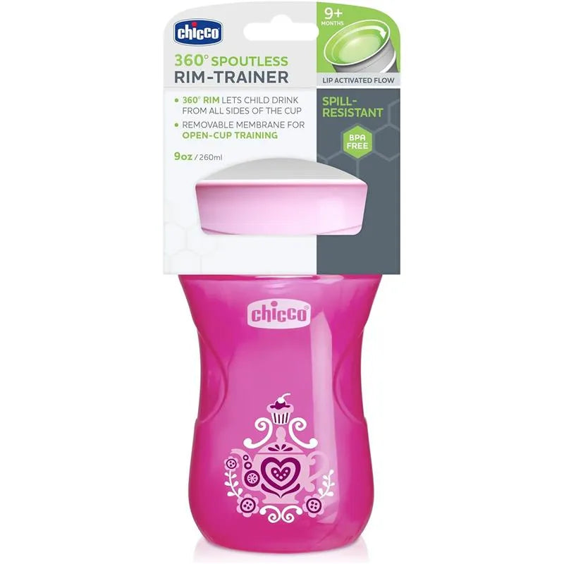 Chicco 360° Spoutless Rim Trainer Sippy Cup in pink, designed for children 9 months and older, featuring a spill-resistant rim and decorative design.