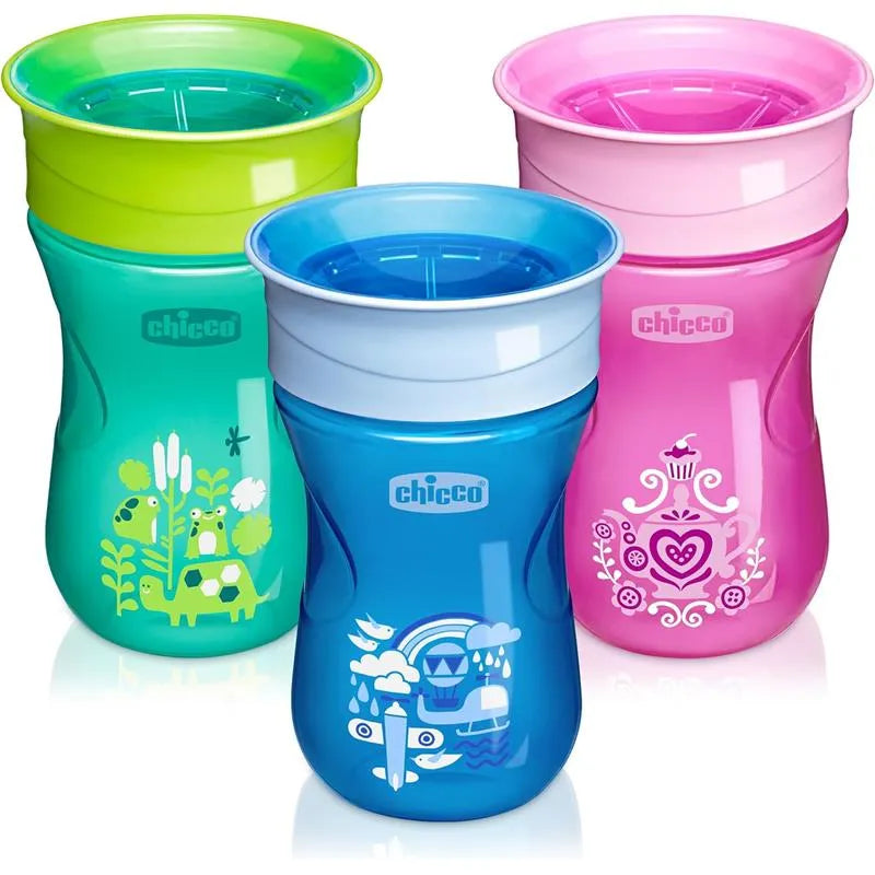 Chicco 360° spoutless rim trainer sippy cups in pink, blue, and green, featuring playful designs for toddlers.
