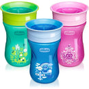 Chicco 360° spoutless rim trainer sippy cups in pink, blue, and green, featuring playful designs for toddlers.