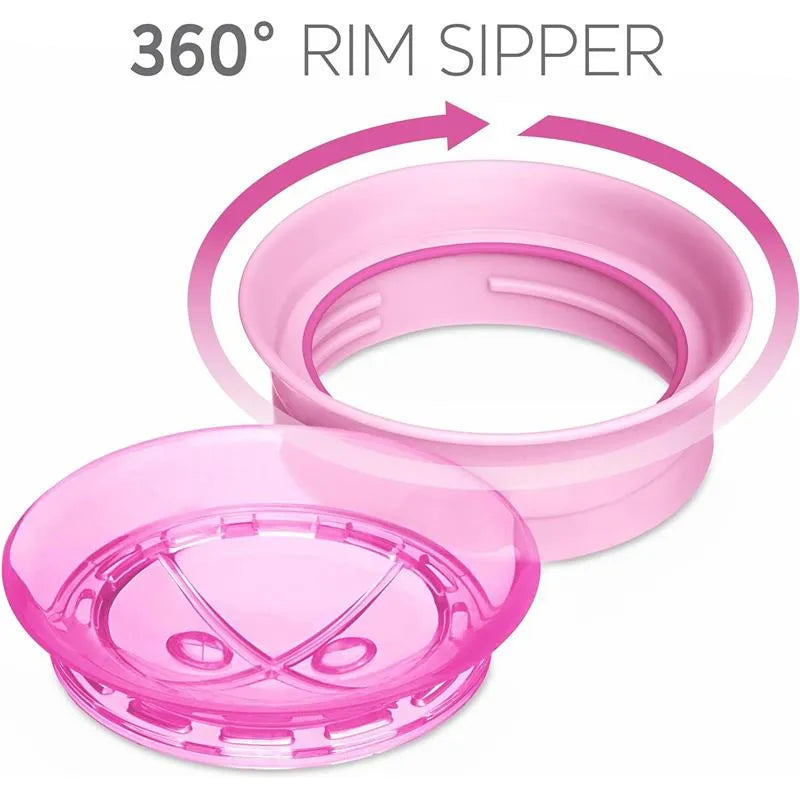 Pink 360° rim sipper lid and base for Chicco sippy cup, designed for spill-free drinking for children 9 months and older.
