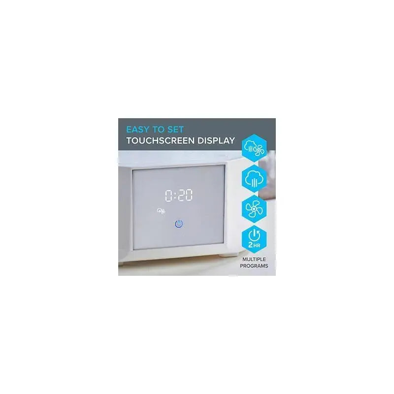 Easy to set touchscreen display of the Chicco Advanced Sterilizer & Dryer, showing a timer at 0:20 and program icons.