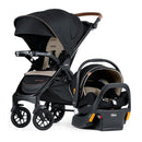 Chicco Bravo Primo ClearTex Trio Travel System in Somerset/Black, featuring a stroller and an infant car seat.