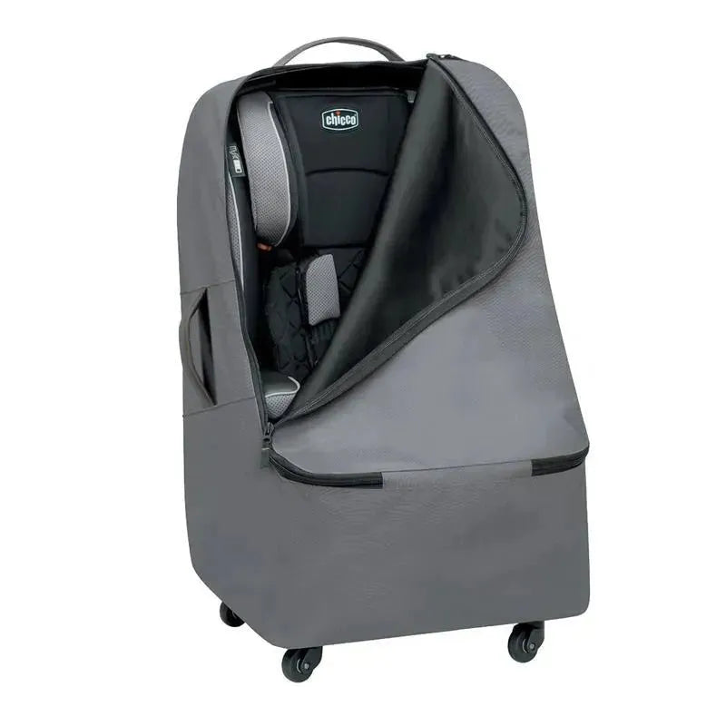 Chicco car seat travel bag in anthracite, showcasing a spacious interior with a partially opened zip.