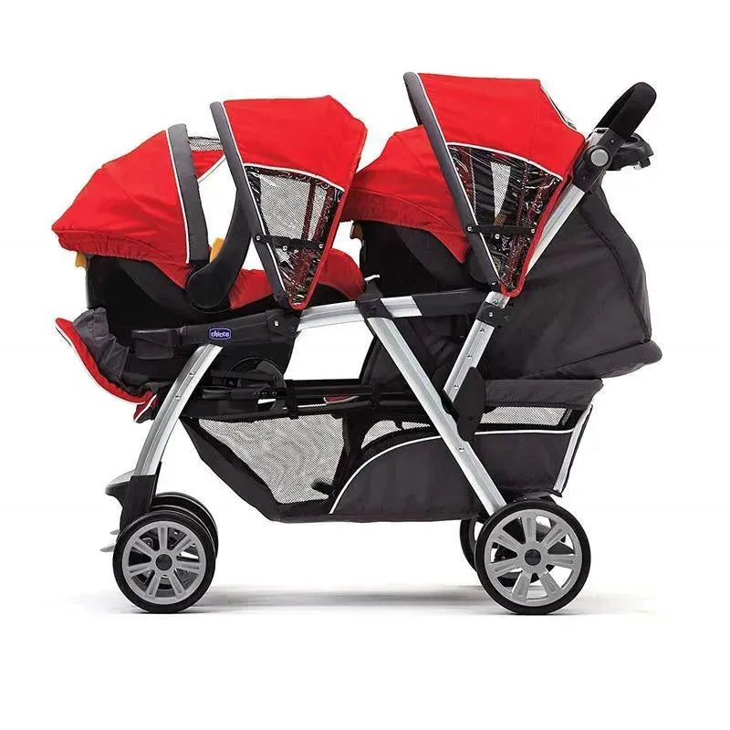 Chicco Cortina Together Double Stroller in Minerale, featuring two red hoods, a sturdy frame, and ample storage.