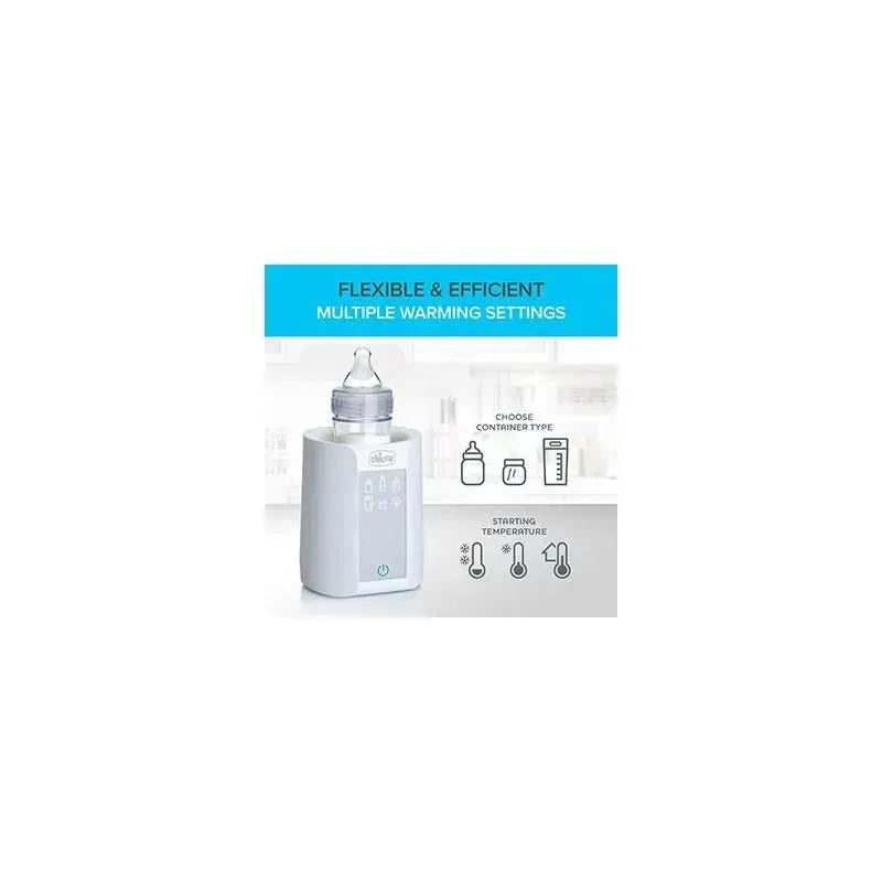 Chicco Digital Bottle Warmer & Sterilizer with a bottle, featuring multiple warming settings and an easy-to-use interface.