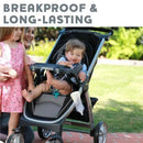 Chicco Duo 5Oz Hybrid Baby Bottles displayed next to a smiling parent and two children by a stroller outdoors.