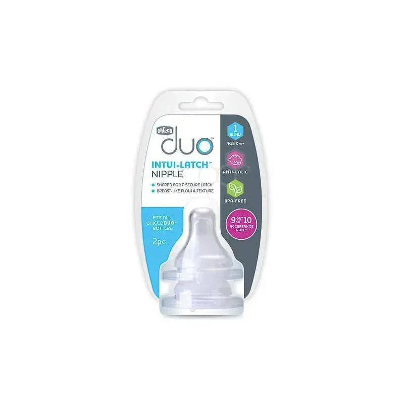 Chicco Duo 2-pack baby bottle nipples, Stage 1 slow flow, 0M+, designed for a secure latch and anti-colic features.