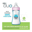 Chicco Duo Newborn Baby Bottle in pink features a break-proof glass inner layer and lightweight plastic outer layer, BPA-free.