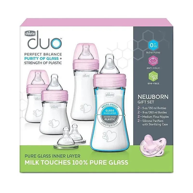 Chicco Duo Newborn Baby Bottle Starter Gift Set in pink, featuring two 5 oz bottles, two 9 oz bottles, and silicone pacifiers.