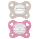 Physioforma Dual Soft Pacifier set in grey and dusty rose, designed for babies aged 6-16 months, featuring heart-shaped holes.