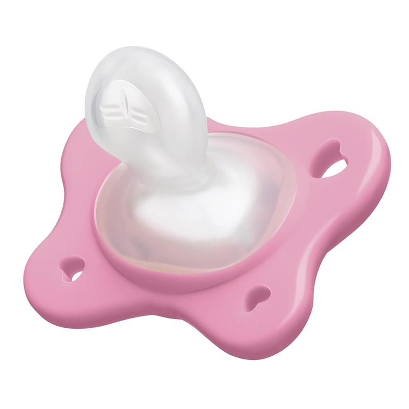 Soft grey and dusty rose pacifier designed for infants aged 6-16 months, featuring a contoured shape for comfort.